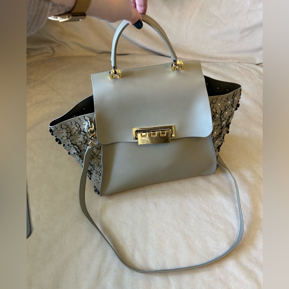 Zac Posen Light Gray Floral-Appliqué Top-Handle Satchel
